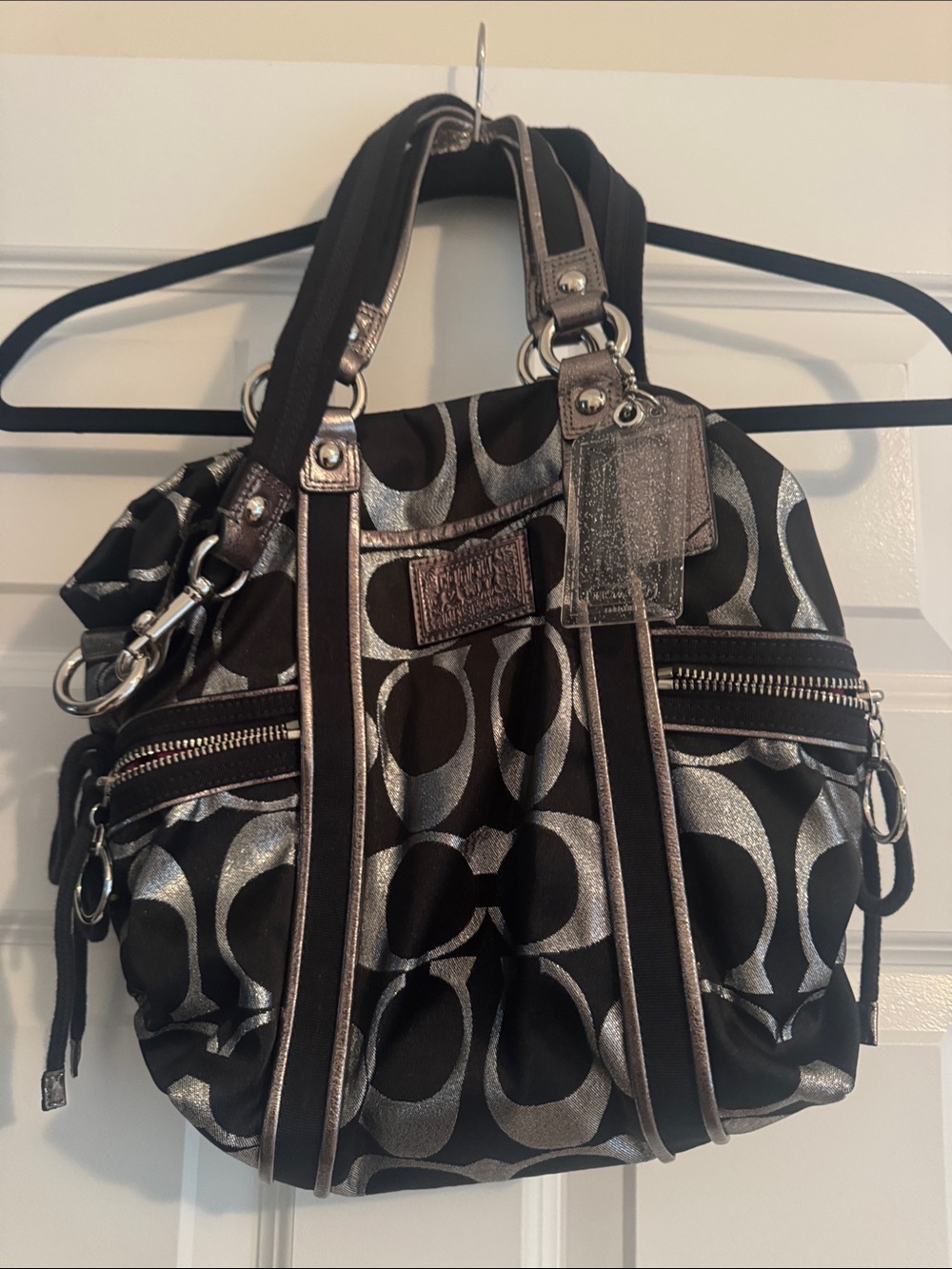 Coach Poppy Black and Silver Signature Shoulder Tote with Dual Zips